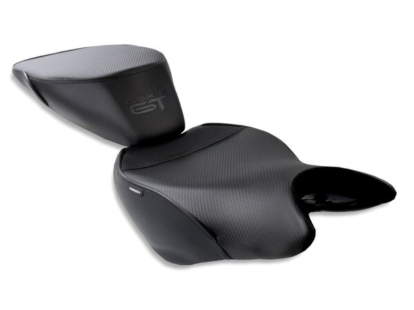 Suzuki GSX-S 1000GT World Sport 2-piece motorcycle seats with the GT logo in CFX black.